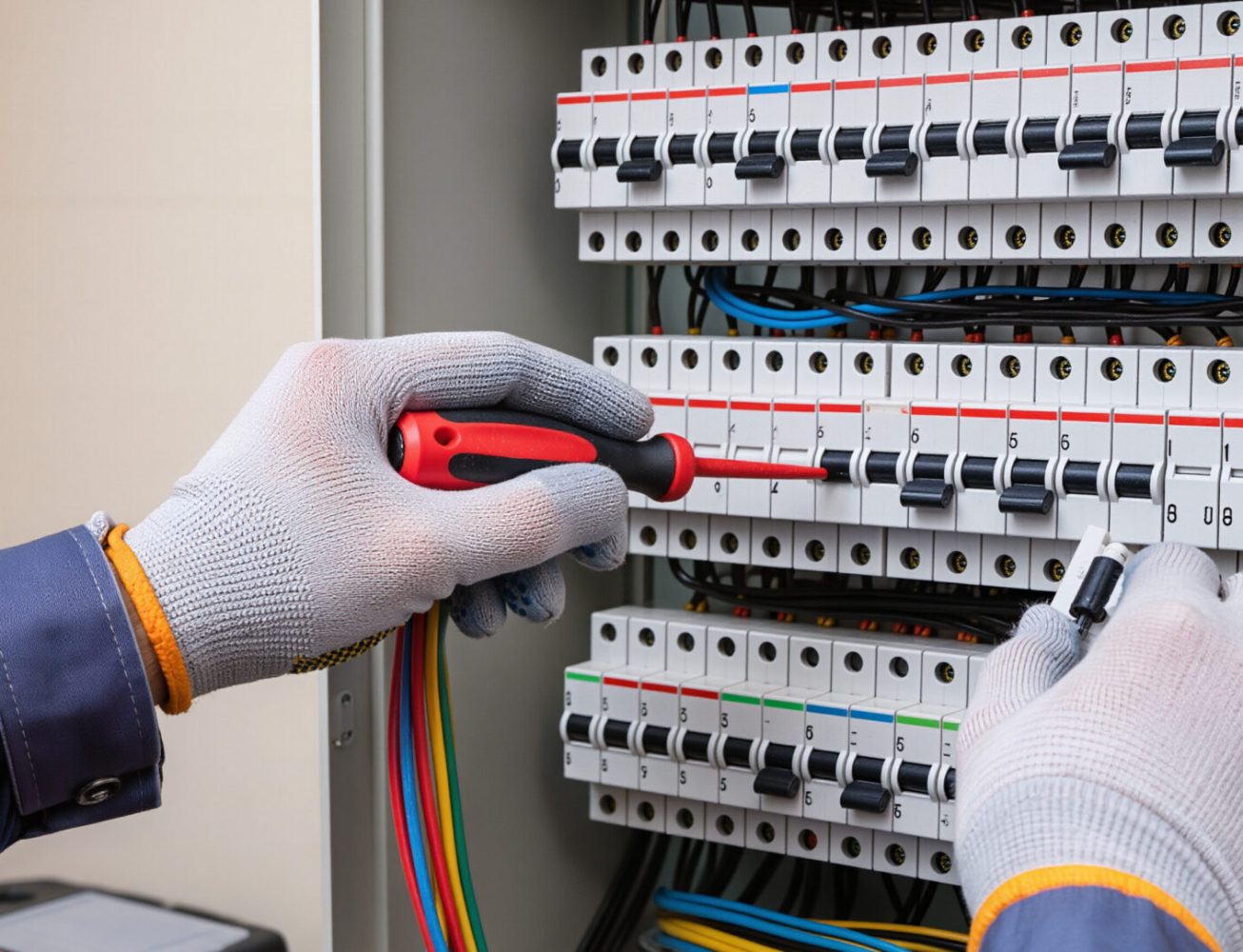 Electrician testing a fuse box