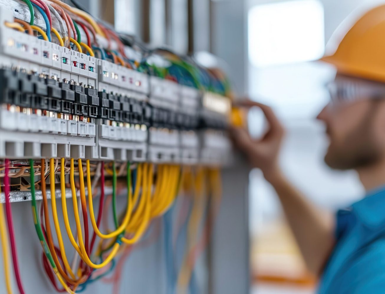 Electrician installing electrical systems whilst wearing a yellow hard hat