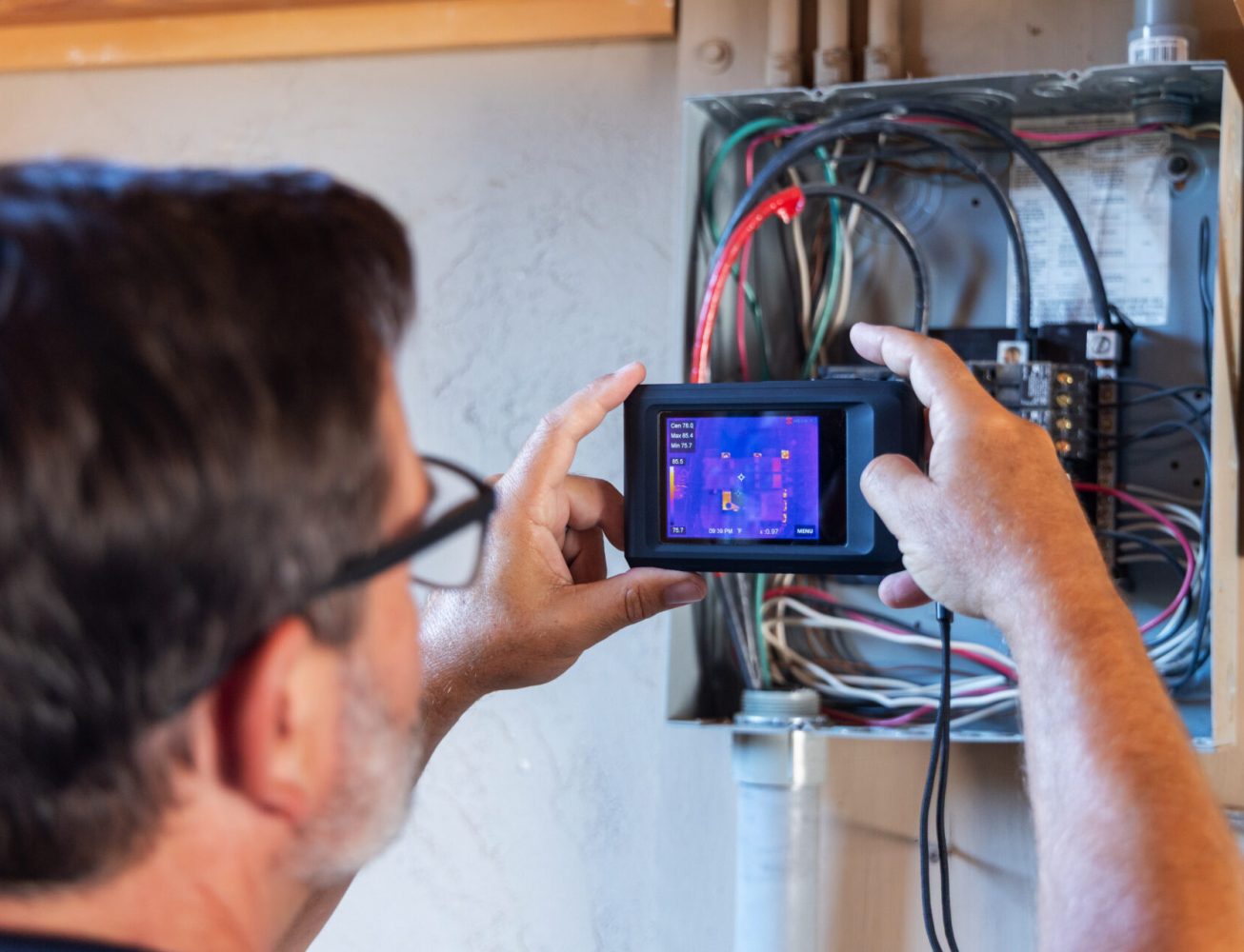 An electrician using an infrared thermography camera to check for any electrical damages